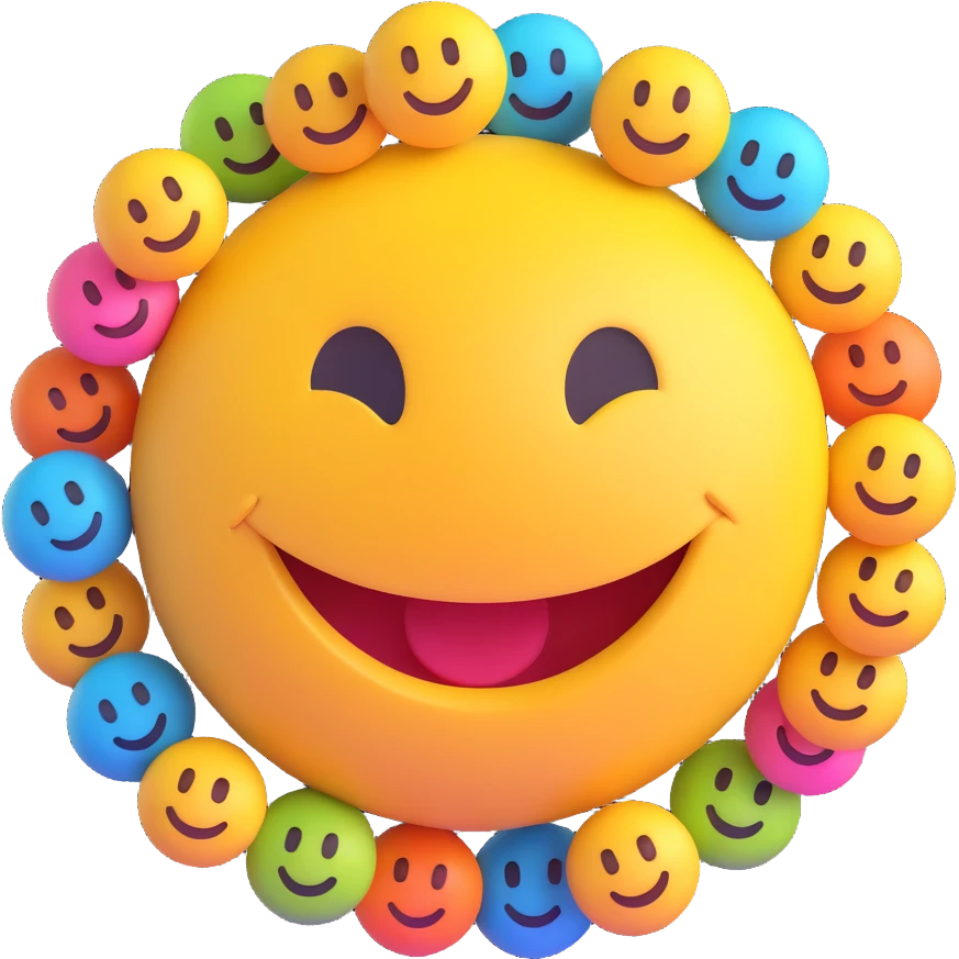3D smiley emoji, girly, smiling, centered, surrounded by large, colorful, youthful, elegant typography: Andrea emoji