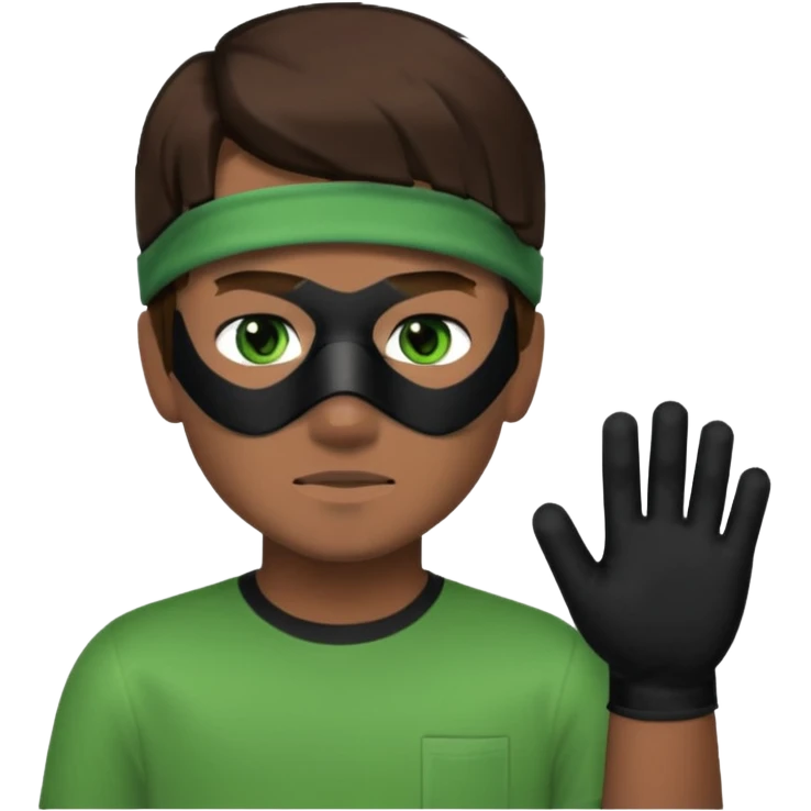 Chico de pelo marrón, ojos verdes y la mitad de la cara color gris ceniza. Con un cubre bocas negro, que tiene una camisa verde por encima de una remera blanca, y tiene un guante negro en una sola de las manos. Estilo minecraft emoji