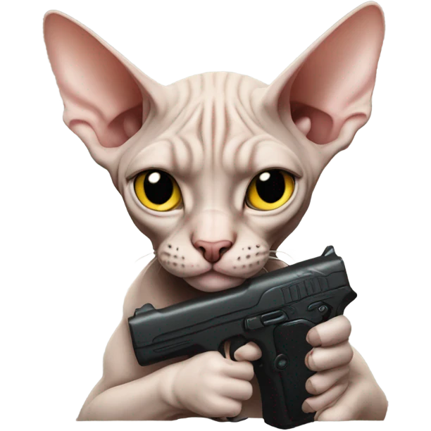 Sphynx cat holding a gun emoji