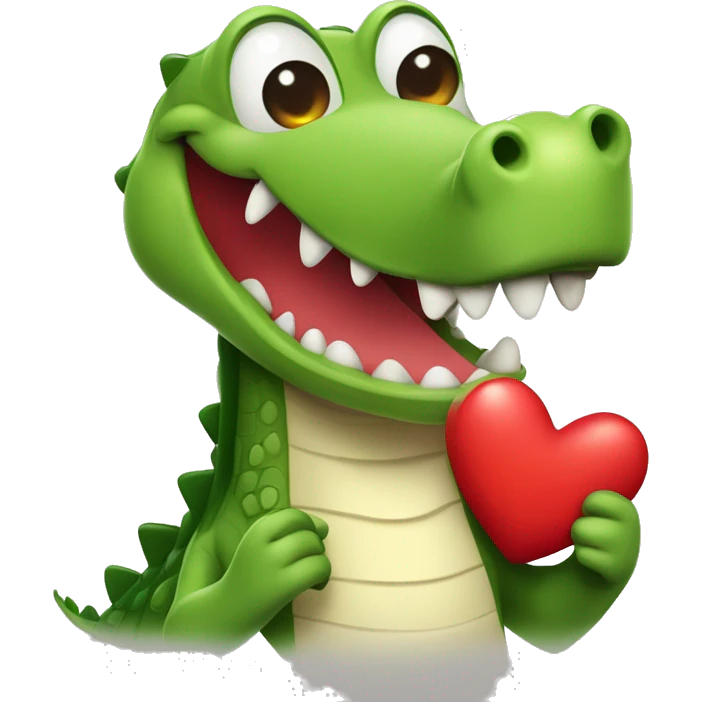 Cute cartoon crocodile holding a red heart, blushing and smiling warmly, simple and charming design  emoji