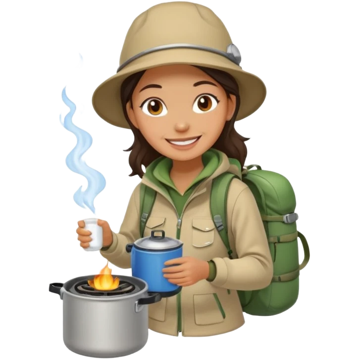 A woman camper boiling water on a portable stove, enjoying the outdoor emoji