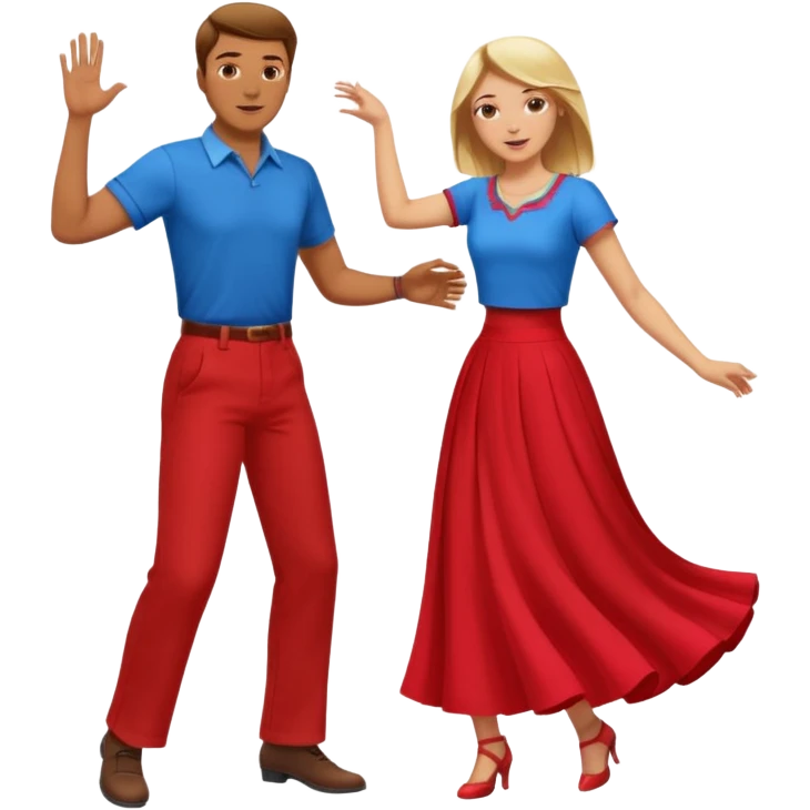 Two people dancing. Man in red shirt and  red pants with brown hair. Women in blue shirt and long skirt with blond hair. Dancing. emoji