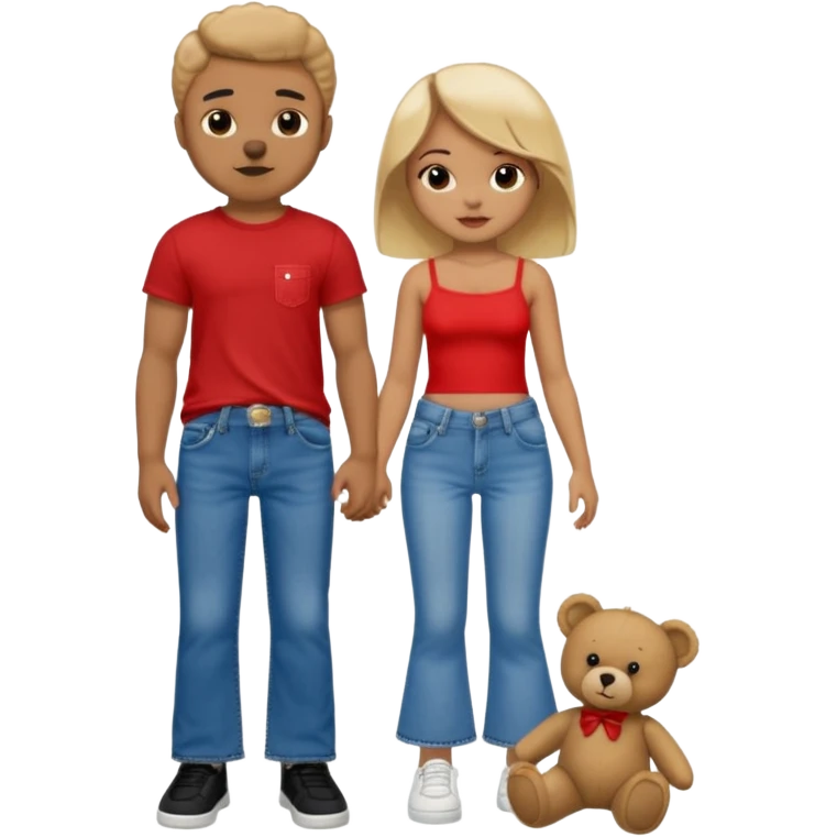 A boy and a girl teddy bear for the boy bear put on true religion shirt and jeans with black shoes and for the girl put flare jeans and a red tube top and white shoes emoji