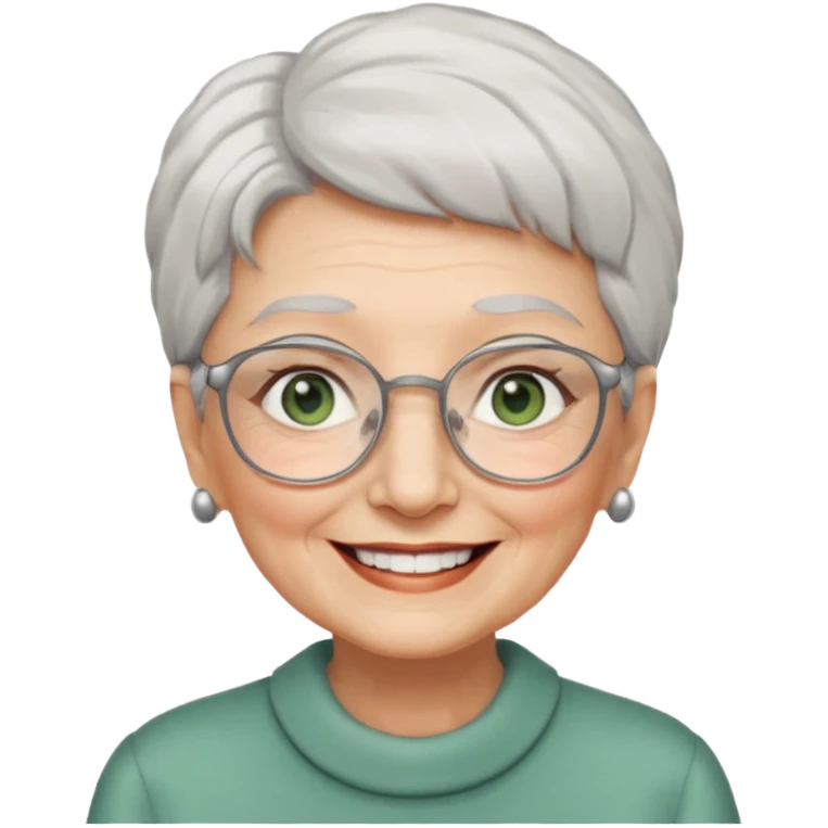 Create me emoji of an old lady. Short white hair to left side. Square glasses. Gray-green eyes. Big smile. emoji