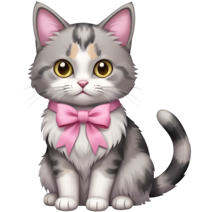 Sitting Dilute grey calico cat with pink ribbon emoji