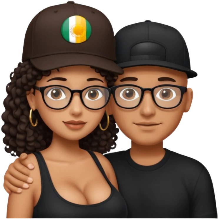 A picture of an embracing tanned couple. the man is a Mexican man with tanned skin, with a bald hair cut wearing a SnapBack hat and a black shirt. the woman has glasses on with long curly dark brown hair and with big boobs.  emoji