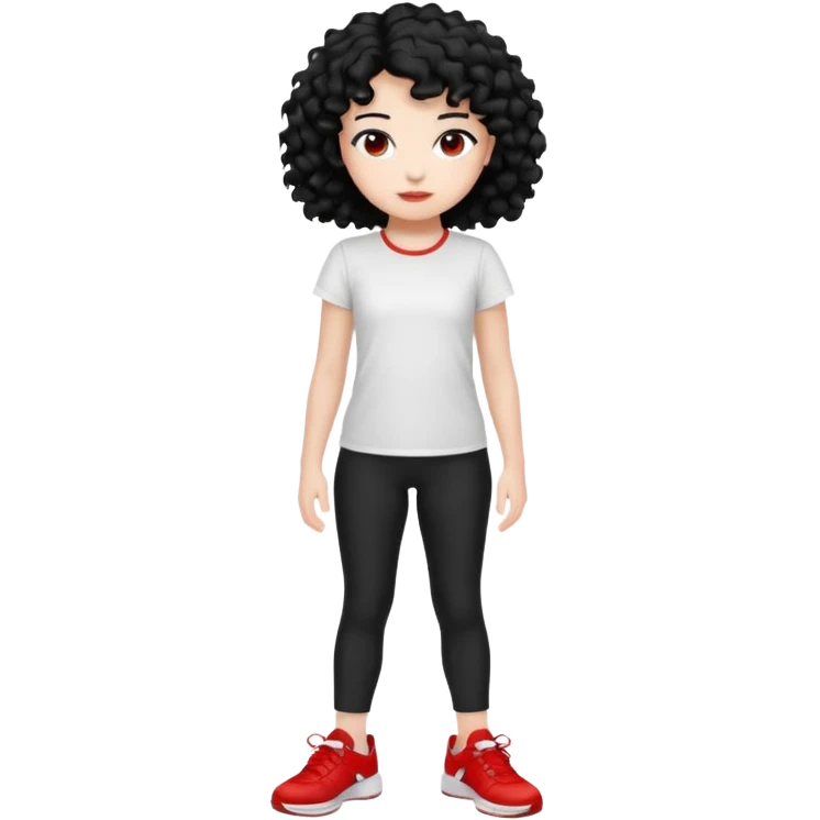 generate a pretty bratz fair skinned girl with curly black hair wearing a white tshirt trekking with red sneakers on and black leggings emoji