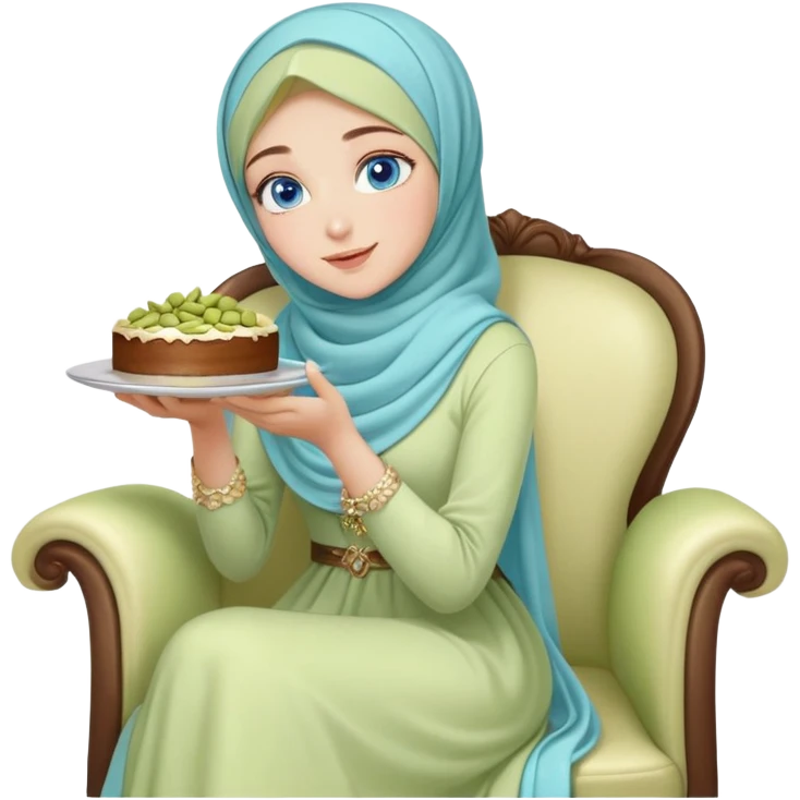 Turkish beautiful finish Konya girl blue eyes with pastel hijab long tail dress and sits on the chair and holds pistachios cake with her hand  emoji
