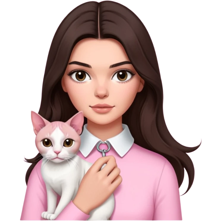 brunette Kendall Jenner with long hair holding a Sphynx cat and a white cat wear on pink collar emoji