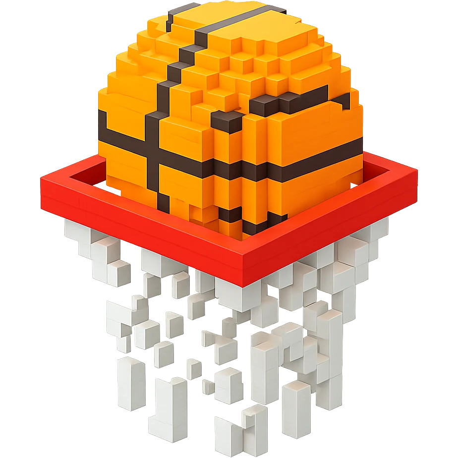 Voxel-style basketball in a net, variation 3 emoji