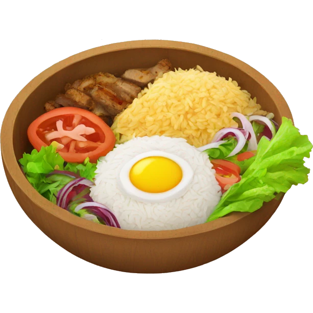 a wood bowl with rice in the middle, kebab, and salad emoji