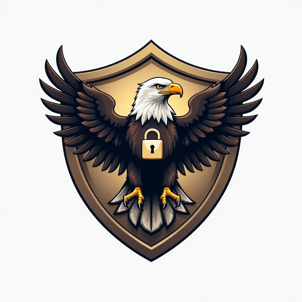 realistic eagle styled to resemble a security agency named Pinsafe, eagle with vigilant protective expression, subtle design elements evoking security and trust, shield motif or lock integrated into feathers or background, professional modern look, security agency brand emoji