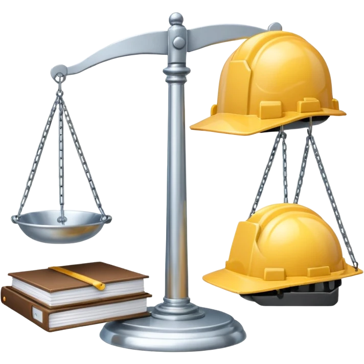 Image of a justice scale with a construction helmet on one side and a folder on the other. Simple emoji