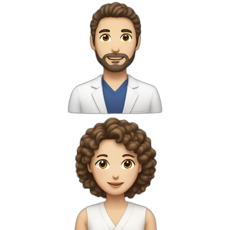 A white curly brown hair woman and a Japanese man with a little beard emoji