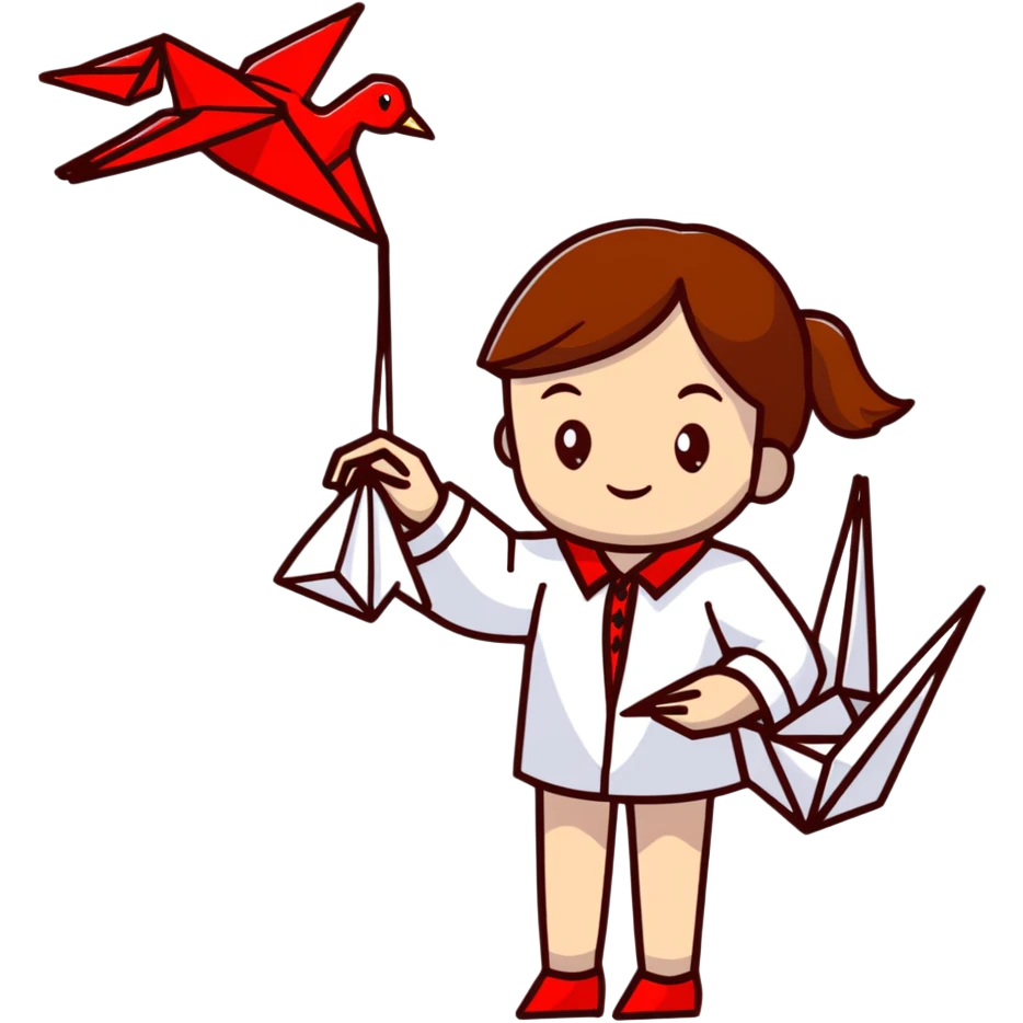 A happy Ukrainian young girl with brown hair in a white embroidered shirt makes an origami red crane craft emoji
