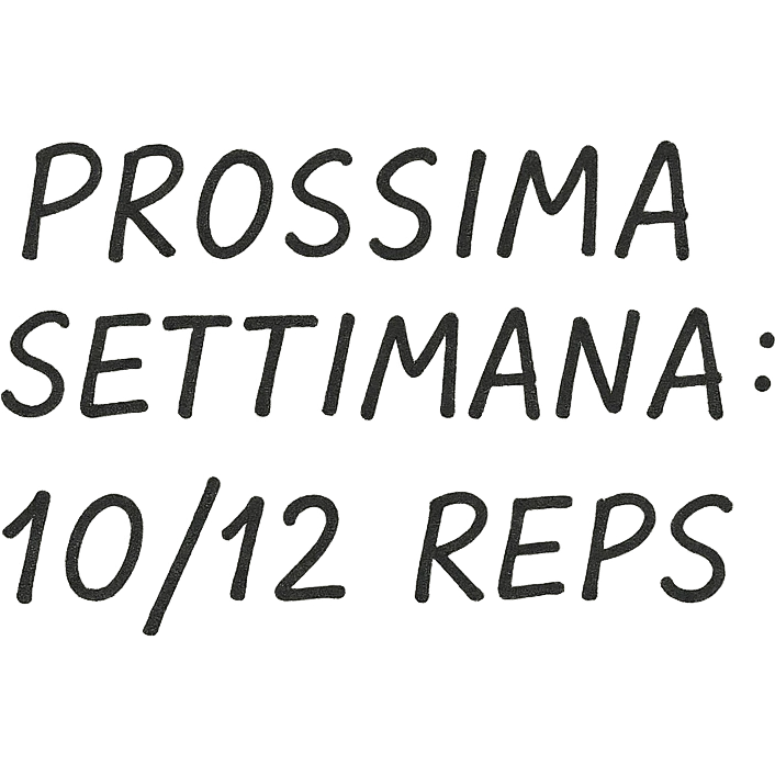 top view paper sheet with handwritten pen text 'PROSSIMA SETTIMANA: 10/12 REPS', no background, realistic handwritten effect emoji