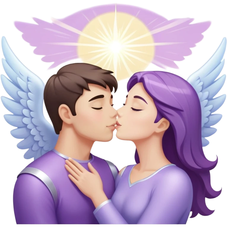 a pastel purple angel woman kisses White brunette man human with rays of light emoji