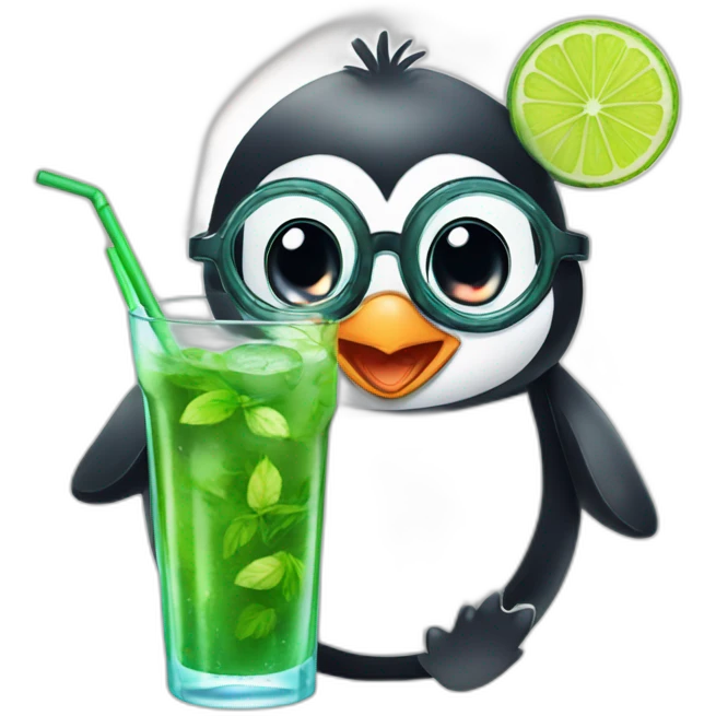 baby penguin with big glasses drinking mojito emoji