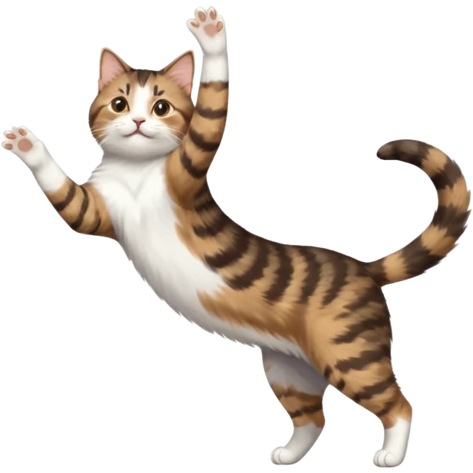brown tabby and white cat with doing a big extremely long stretch reaching up into the air with arms and legs side by side together straight and overextended whilst lying on its side emoji