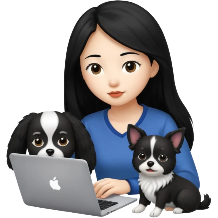 Asian girl with long black hair working on an Apple laptop, next to her is a small black and white dog with no collar on  emoji