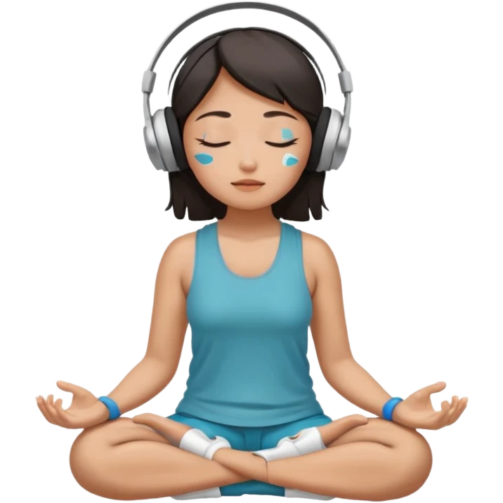 An East Asian woman🧘🏻‍♀️ is sitting cross-legged in a meditation pose, wearing Apple headphones🎧 and listening to music. The song is so beautiful that she has her eyes closed and tears streaming down her face. emoji