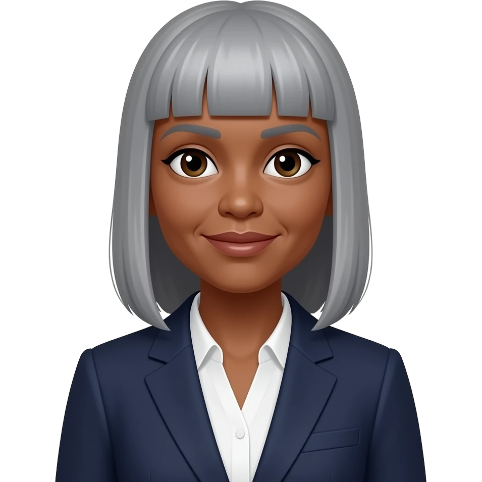 dark skinned female 60 years old with straight grey hair with a fringe using suit. remove  dot on forehead emoji
