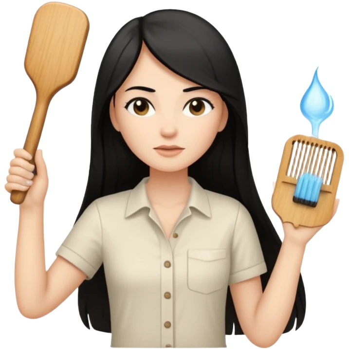 A white woman with long, straight black hair, wearing an ivory-colored shirt, holding a wooden paddle hairbrush in her left hand and spraying a hair mist bottle with her right hand toward her hair. emoji