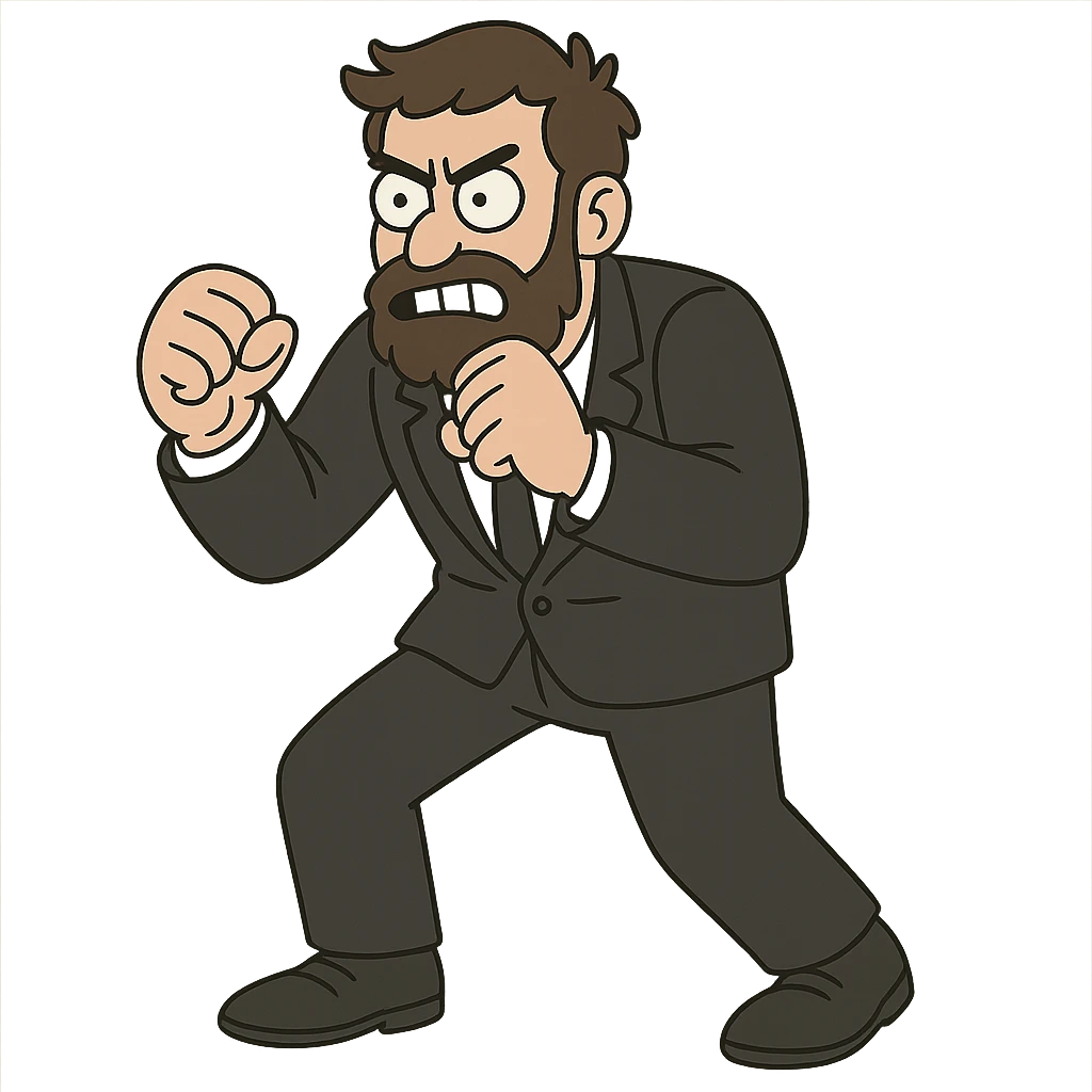 flat toon style bearded man in a black suit, fighting posture emoji