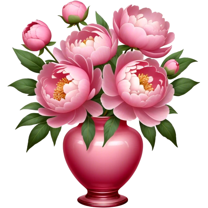 A rich Venetian Red glass vase holds a bouquet of dreamy Shell Pink peonies. An Angel Pink silk bow wraps around it, blending softness and vintage elegance." emoji