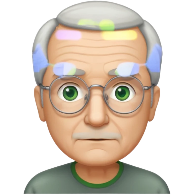 Old man with receding hair, grey hair only on the sides, green eyes, rectangular reading glasses, rounded face emoji