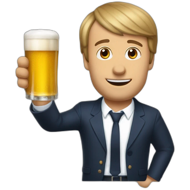 un chien qui boit une bière accompagné de Emmanuel Macron emoji