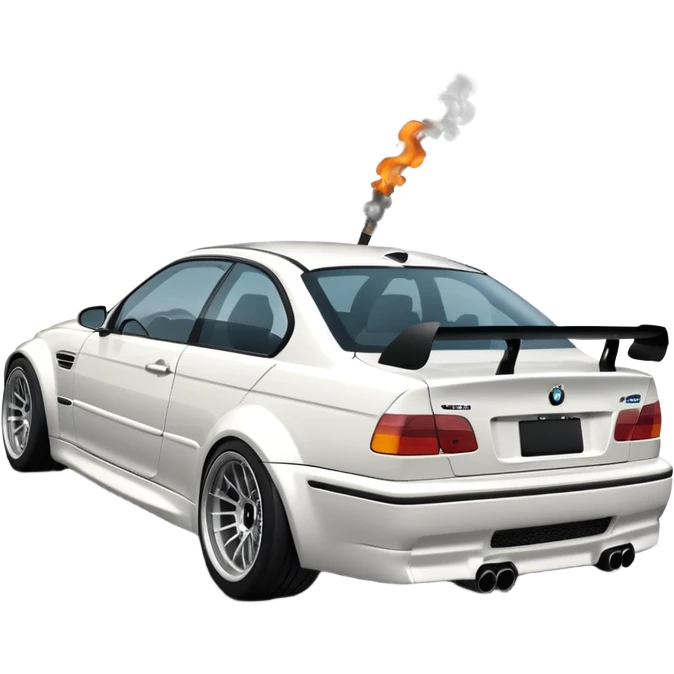 

A white BMW M3 E46, seen from behind at a certain angle, is drifting through a corner; the wheels are not straight, they are changing according to the rotation of the drift. emoji