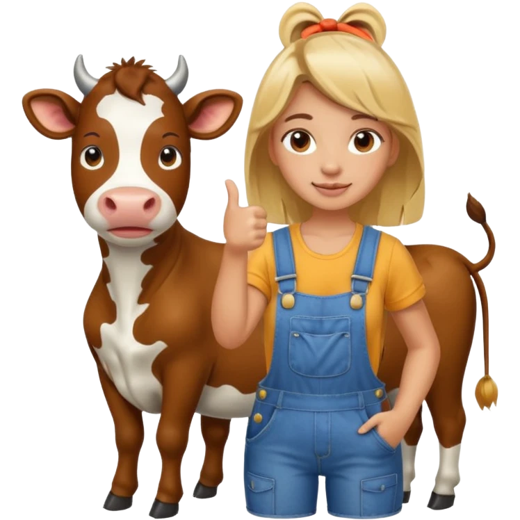 Girl standing with cow in overalls giving thumbs up emoji