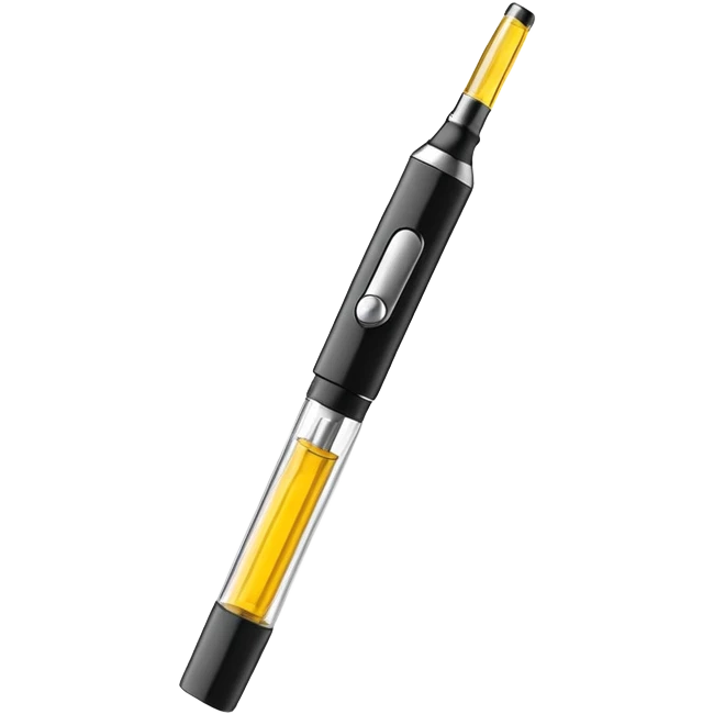 vape pen with yellow oil in the screw on cartridge with a black body and a button on it that looks like a dab pen emoji