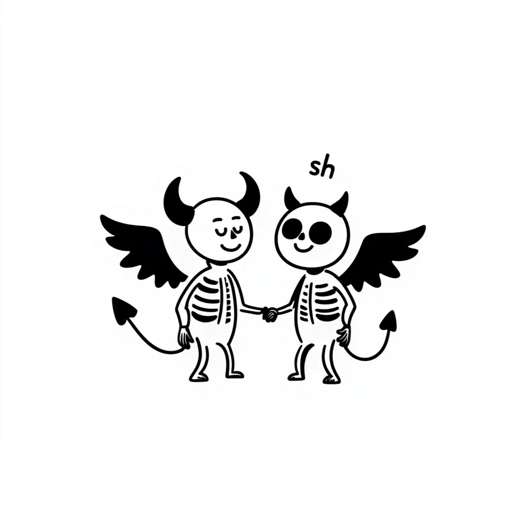 devil skeleton and angel skeleton together, both saying 'sh', expressive, clear pose, hand drawn doodle style emoji