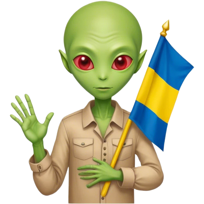 Green alien in Shirt 👚 vyshyvanka, white with red embodiary on sleeved, with 🇺🇦 Ukraine flag in a hand emoji