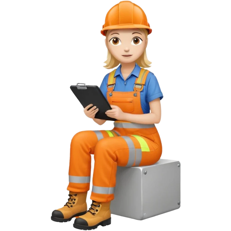 woman in orange hi vis overalls and boots holding a clipboard, sitting emoji