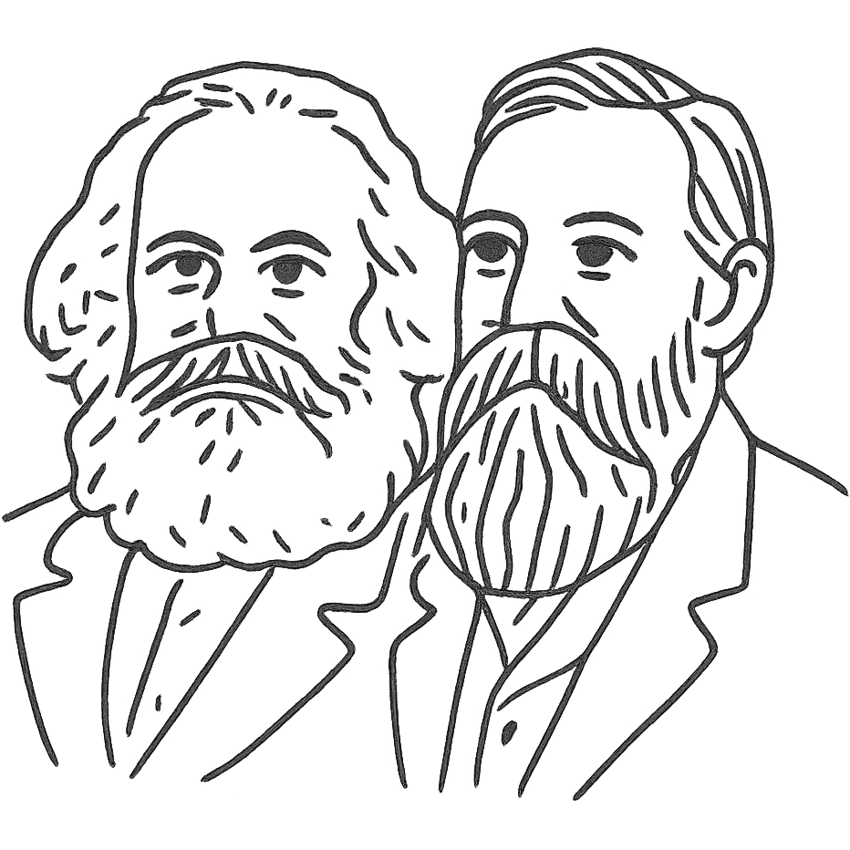 a black outline portrait of Karl Marx and Engels together based on a famous portrait of them, with eyes the same size emoji