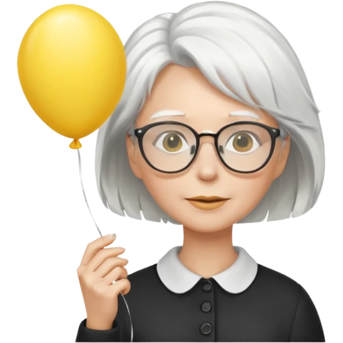 woman with wind white hair and wearing glasses, holding yellow balloon emoji