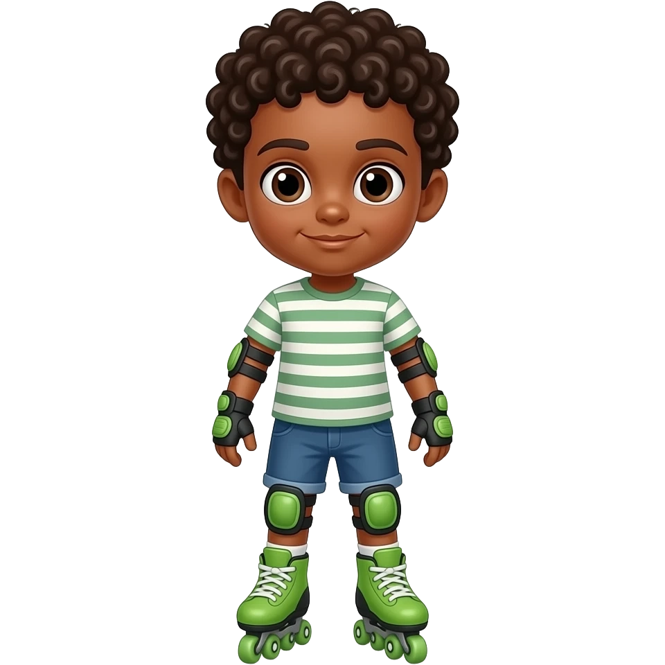 Child black boy curly hair, standing upright, wearing green elbow pads and knee pads, with green  roller skates, ready-to-play expression, front-facing pose. emoji