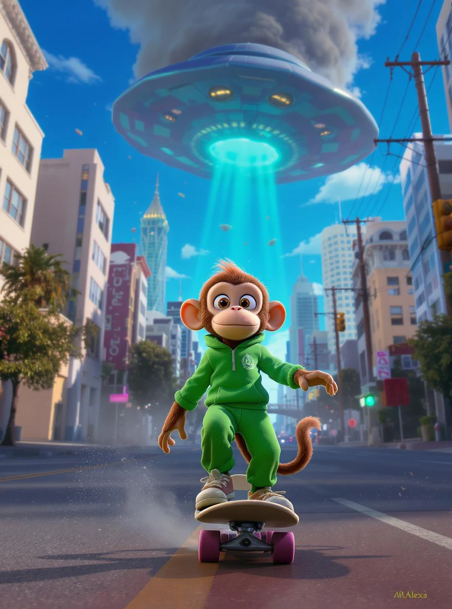 Disney style Cinematic still scane, Low angle shot, Deep staging, monkey dress in green outfit, monkey ride on skateboard, san francisno downtown with city lanscape, ufo destroying city in background, blue clean sky, shot by ARRI Alexa, soft cinematic lightning, back light, inspired by ToyStory 4 emoji
