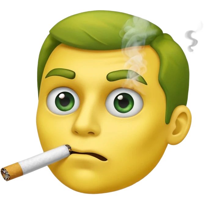 Hazme una carita amarilla aturdida con un cigarro en la boca soltando humo, el cigarro es de papel de liar y dentro está relleno de un tabaco verde emoji