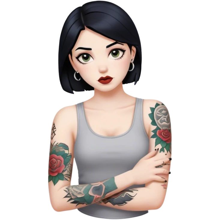 Pale girl with black hair arm tattoos emoji