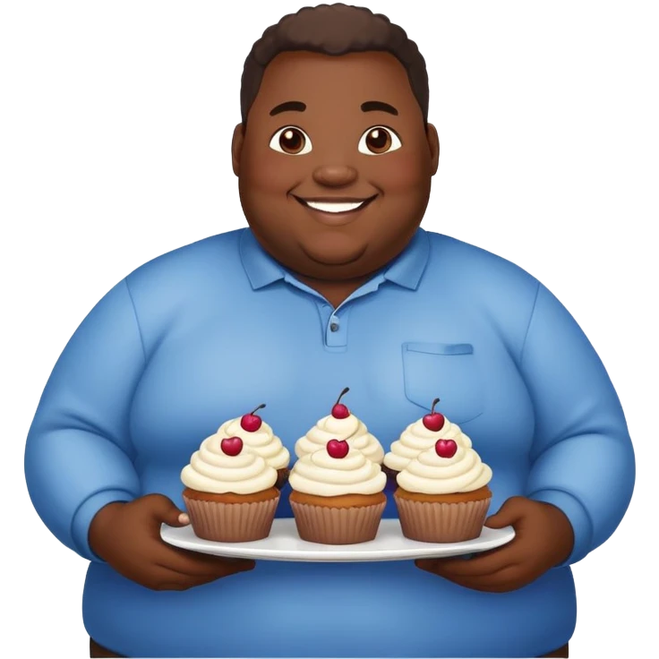 Extremely overweight African American man with a very round face and body, smiling and holding cupcakes emoji