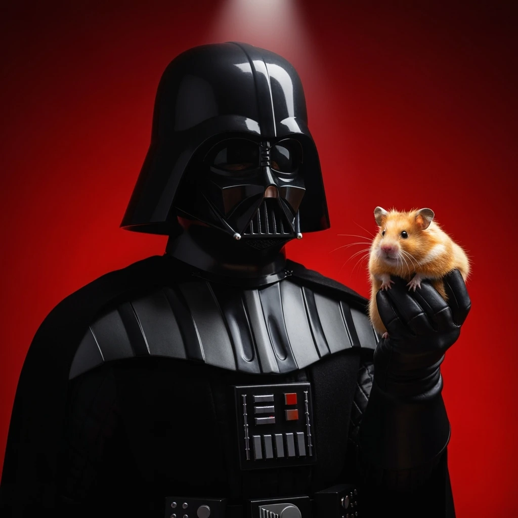 Extreme Closeup Photo of a darth vader holding big hamster, low key light, red solid background with leading lines, back light, spot light emoji