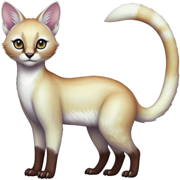 Colorful dark tropical pearly-albino-white iridescent glorious divine exotic cute cool beautiful shiny beautiful fantasy-caracal-civet-genet-sergal-vernid-Cacomistle-oncilla-animal-Fakémon-hybrid-fursona (full body) emoji