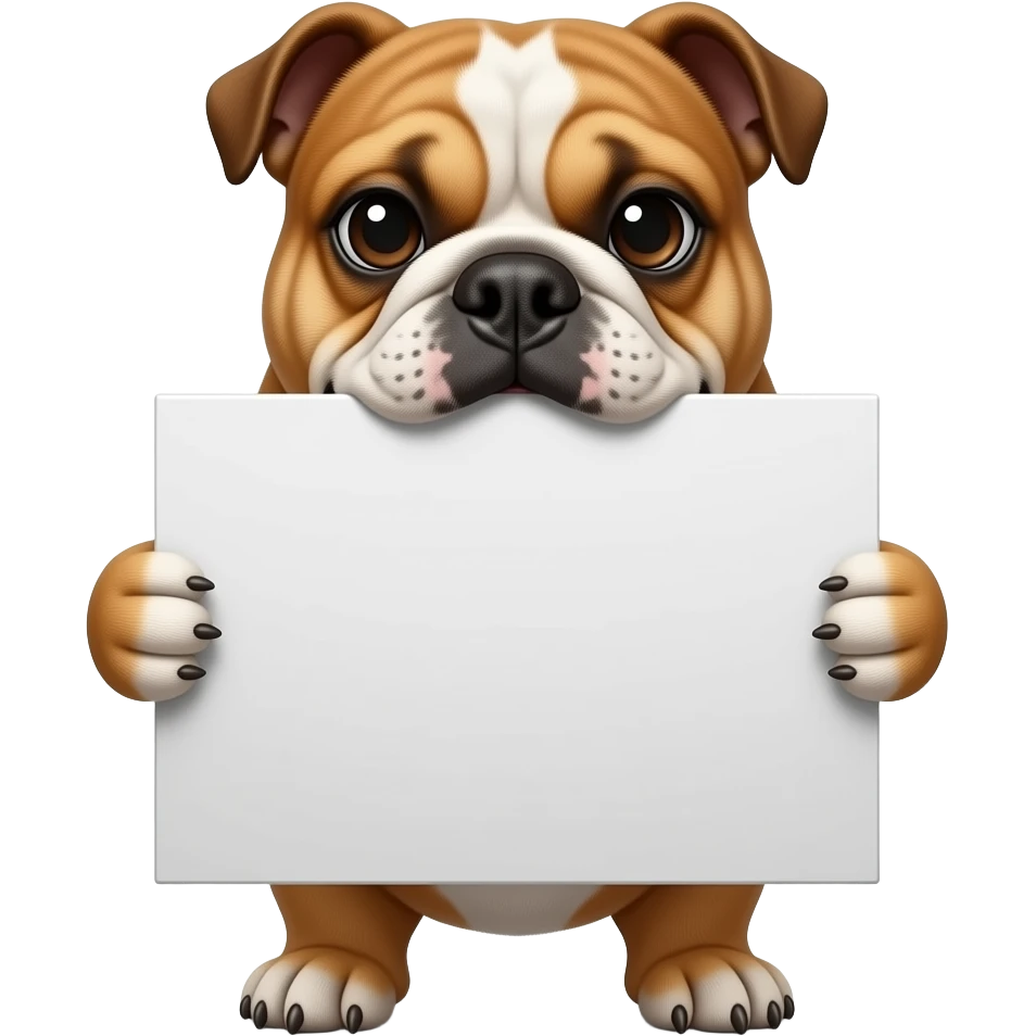 a bulldog holding a white sign with its mouth emoji