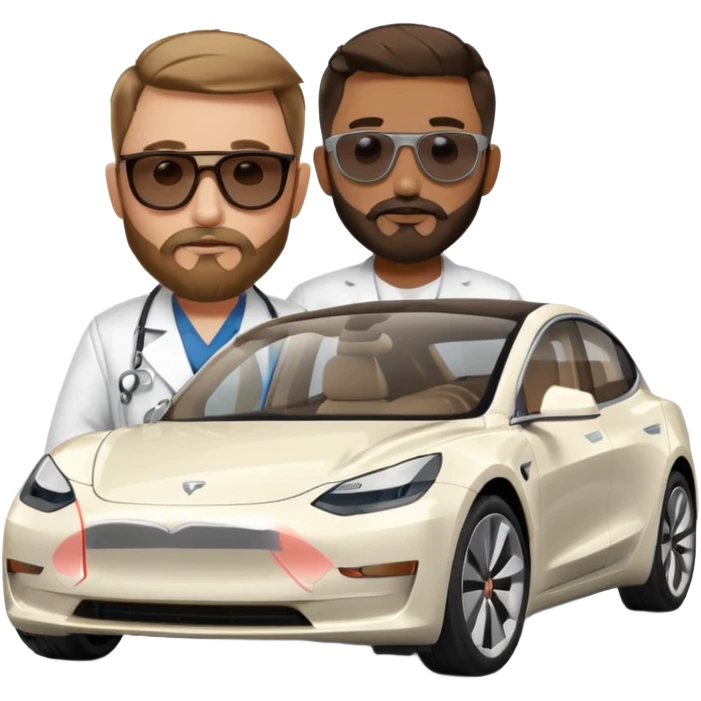 White tesla model 3 with a cool physician with dark blond hair, beard and dark sunglasses next to it emoji