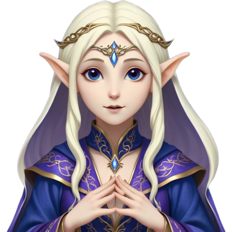 Cinematic Realistic WoW Elf Mage Portrait, head tilted dramatically with an exaggeratedly amused expression, blending timeless arcane wisdom with a touch of unexpected playfulness. Her luminous, porcelain-like skin and delicate features, complemented by an intricately detailed robe in deep blues and purples with golden filigree, are rendered with lifelike texture and dynamic magical lighting, high shine, dramatic yet whimsical, capturing the essence of an elven mage whose epic mastery is tinged with charming irreverence. emoji