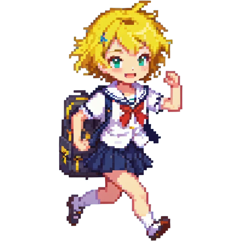 Pixel art anime girl with short bright yellow hair wearing Japanese sailor style school uniform, running energetically with school bag, happy determined expression emoji